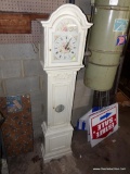 (GAR) WHITE SPIEGEL GRANDBABY CLOCK; WITH CHIMES, HAS FLORAL DECORATED FACE AND FRONT DOORS, CARVED