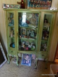 (BAS2) ANTIQUE CURIO CABINET; UNIQUE PAINTED GREEN WITH GOLD TONED ACCENT CURIO CABINET. THIS