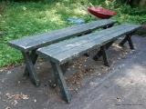 (OUT) PAIR OF WOODEN GREEN PAINTED BENCHES.