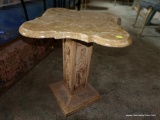 (BED) TAN VINTAGE COLUMN TABLE WITH MARBLE TOP; SCALLOPED EDGE ON TOP SURFACE OVER A SQUARE COLUMN