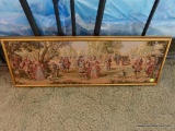 (BED) VINTAGE FRAMED VICTORIAN TAPESTRY; FRENCH COLONIAL LANDSCAPE IN MUTED PASTELS TONES ON FABRIC