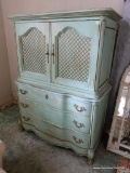 (BED) LIGHT GREEN FRENCH PROVINCIAL ARMOIRE BY BASSETT FURNITURE; FLAT TOP SURFACE WITH MOLDED EDGE