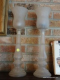 (LR) FROSTED GLASS CANDLE HOLDER PAIR LOT; TALL FROSTED GLASS MULTI FUNCTIONAL CANDLE HOLDERS. THE