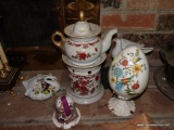 (LR) BIRDS OF PARADISE CERAMIC EGG AND DECOR LOT; LOT ALSO INCLUDES A CERAMIC TEAPOT CANDLE AND