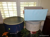 (LR) HAT BOX LOT; VINTAGE HAT BOXES INCLUDES A NAVY BLUE BROOKS BROS. BOX, AND GRAY AND WHITE
