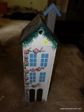 (LR) DECORATIVE BIRDHOUSE CABINET; PETITE PAINTED CABINET WITH 2 SHELVES INSIDE. MEASURES 6 IN X 6.5