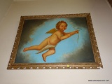 (LR) CHERUB OIL ON CANVAS; LABELLE FRAMED OIL ON CANVAS PAINTING OF A CHERUB ANGEL IN A LOINCLOTH