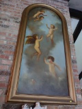 (LR) ARCH TOPPED CHERUB ANGEL OIL ON CANVAS; THIS LABELLE GOLD TONED, ARCH TOPPED OIL ON CANVAS