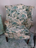 (BR) FLORAL QUEEN ANNE CHAIR; CREAM COLORED QUEEN ANNE CHAIR WITH BLUE FLORAL AND PHEASANT PRINT.