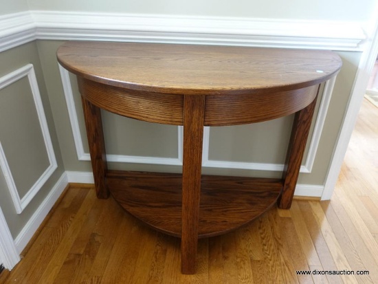 (FOYER) AMISH ORIGINALS CUSTOM MISSION OAK FOYER TABLE WITH BOTTOM SHELF, EXCELLENT CONDITION. 42"W