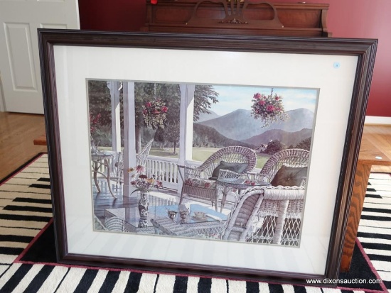 (MUSIC RM-CLOSET) FRAMED AND DOUBLE MATTED MOUNTAIN PORCH PRINT IN CHERRY FRAME-41.5"W X 33.5"H