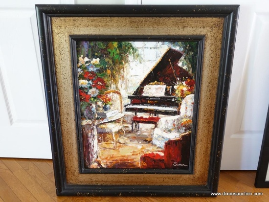 (MUSIC RM CLOSET) FRAMED AND MATTED OIL ON CANVAS-"BABY GRAND PIANO" BY SIMON-SIGNED- BLACK AND