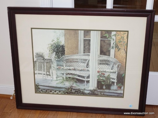 (MUSIC RM CLOSET) FRAMED AND DOUBLE MATTED PRINT -"WICKER SETTEE ON PORCH" BY DAVID GILL-PENCIL