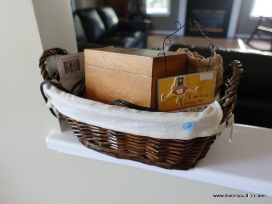 (KIT) BASKET WITH CONTENTS- PINE CARD FILE BOX WITH PAINTED MOOSE, CARD GAME CALLED GRASS, BOX OF