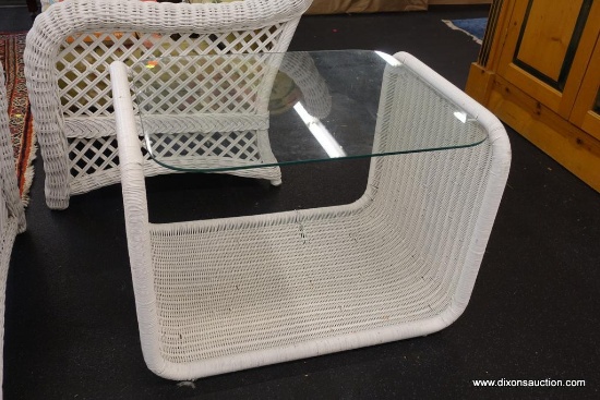 WHITE WICKER GLASS TOP SIDE TABLE
