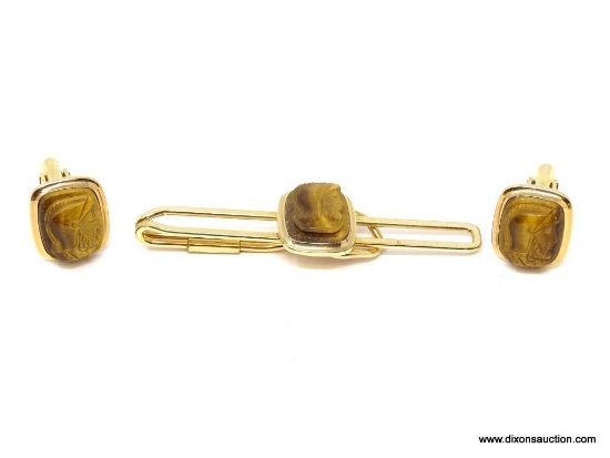 1/20 12KT GOLD HANS APT DECO TIGER EYE TIE BAR, CUFF LINKS, ORIGINAL BOX