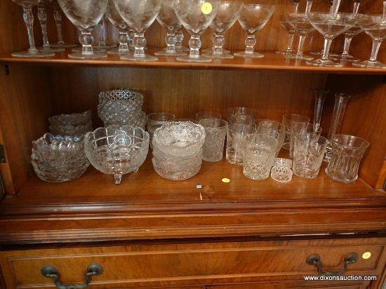 (DR- CHINA CAB) SHELF LOT OF MISC.. PRESSED GLASS- 13 MISC. PATTERNED JUICE GLASSES, 2 BUD VASES (