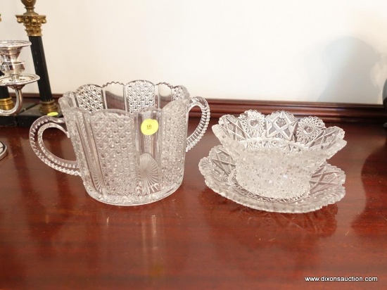 (DR) 3 PCS. OF VINTAGE PRESSED GLASS- BOWL WITH UNDER-PLATE AND 5"H 2 HANDLED ICE BUCKET