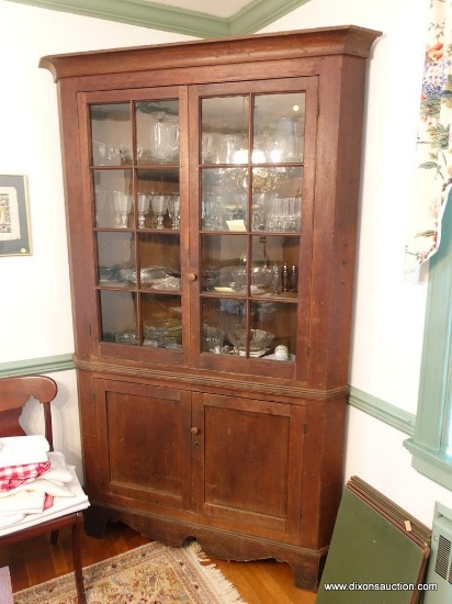 (DR)19TH C. CHERRY CORNER CABINET- 2- 8 PANED INDIVIDUAL GLASS DOORS WITH BUBBLE AND WAVY GLASS- 2