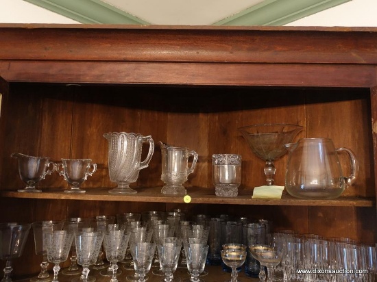 (DR-CORNER CAB) SHELF LOT OF VINTAGE GLASSWARE- FOSTORIA CREAM AND SUGAR, PRESSED GLASS 7" PITCHER,