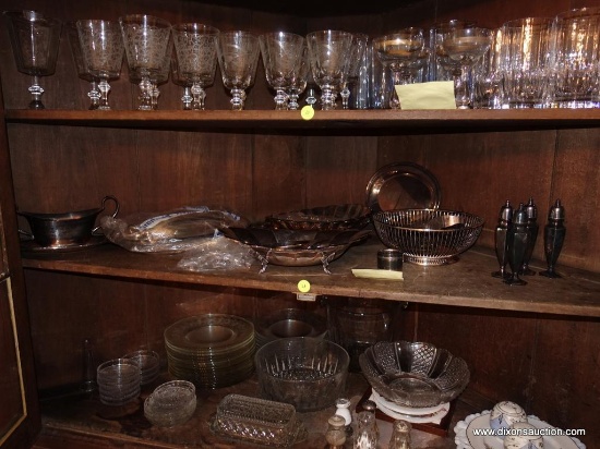 (DR-CORNER CAB) SHELF LOT OF SILVER-PLATE (14 PCS.) TO INCLUDE ROGERS, INTERNATIONAL, REED AND