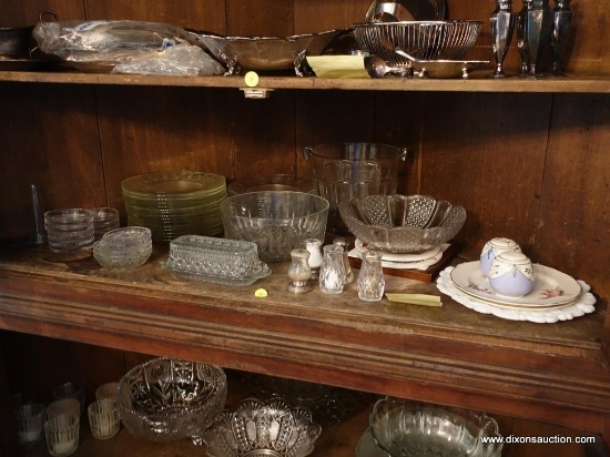 (DR-CORNER CAB) SHELF LOT OF MISC. GLASS TO INCLUDE SALT AND PEPPER SHAKERS ( 1 PR WITH STERLING