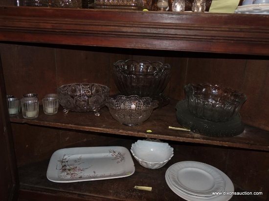 (DR-CORNER CAB) SHELF LOT OF MISC.. GLASS BOWLS AND PLATES- CUT GLASS FLORAL PATTERN BOWL, PUNCH