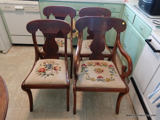 (DR) 4 MAHOGANY EMPIRE STYLE DINING CHAIRS WITH BURL INLAID BACKS AND NEEDLEPOINT SEATS- ORIGINAL