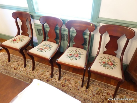 (DR) 4 MAHOGANY EMPIRE STYLE DINING CHAIRS WITH NEEDLEPOINT SEATS( SIMILAR TO #4 BUT DO NOT MATCH