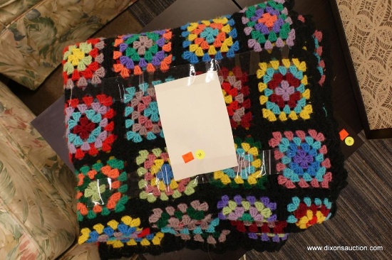 HAND KNITTED AFGHAN, BLACK WITH MULTICOLORED BLOCKS