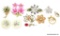 FLORAL PIN AND BROOCH LOT. INCLUDES A HOT PINK FLOWER BROOCH WITH MATCHING CLIP ON EARRINGS, A