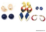 6 PAIRS OF ENAMEL DESIGN STUD BACK EARRINGS. MOST ARE BLUE AND RED IN COLOR.