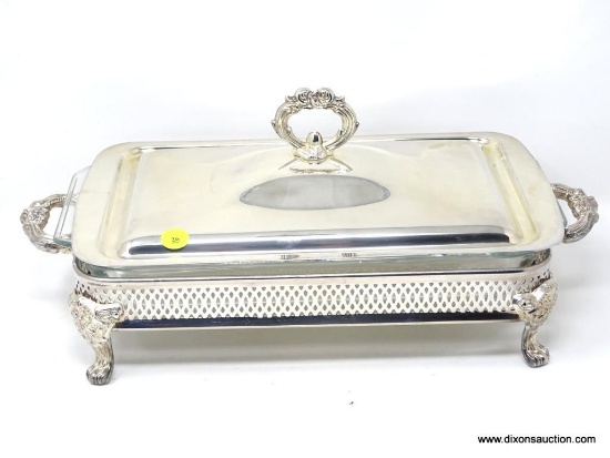 (DR) SILVER PLATED RECTANGULAR FOOTED SERVER WITH LID AND GLASS INSERT