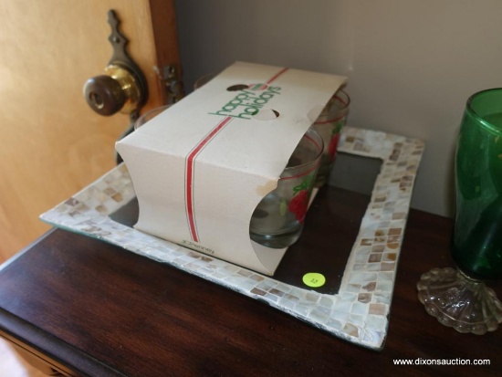 (LR) GLASS AND TILE CENTER BOWL AND 4 NEW IN BOX CHRISTMAS JUICE GLASSES