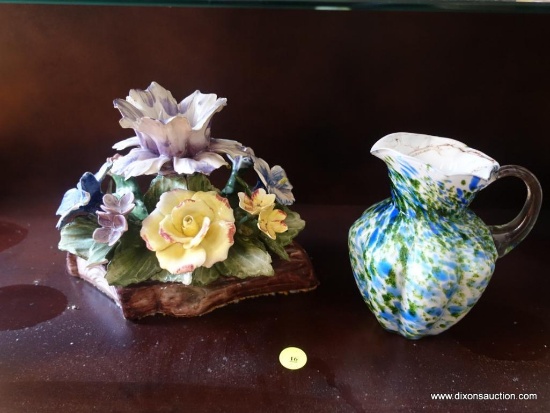 (LR) SHELF LOT- CAPODIMONTE FLORAL FIGURINE WITH A DAMAGE-9"W X 7"H AND 6.5" VINTAGE ART GLASS