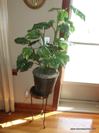 (LR) METAL AND WICKER PANT STAND AND INCLUDES ARTIFICIAL PLANT IN WICKER BASKET- STAND-12"DIA. X