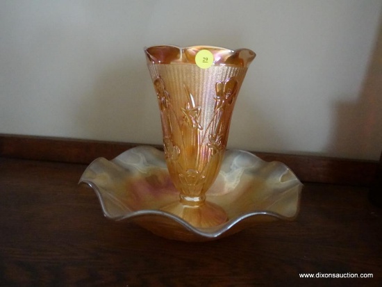 (LR) 2 PCS. OF CARNIVAL GLASS IN THE IRIS AND HERRINGBONE PATTERN- VASE-9"H AND BOWL-11" DIA.