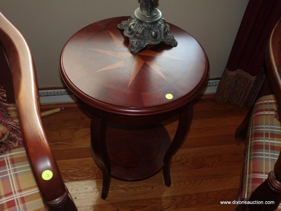 (LR) MODERN ROUND CHERRY BANDED AND INLAID LAMP TABLE WITH STARBURST PATTERN-LOWER SHELF- EXCELLENT