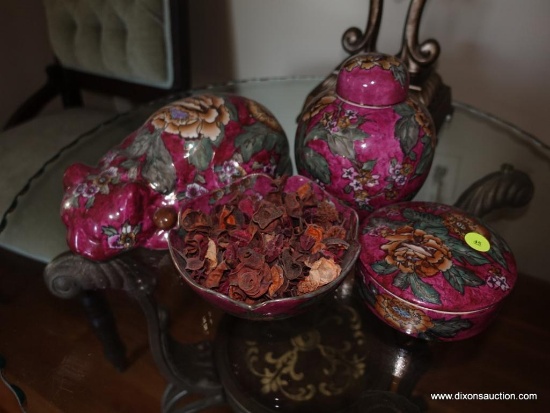 (LR) 4 PC. MATCHING CERAMIC ORIENTAL LOT-7"H GINGER JAR, BOWL, LIDDED BOX, LAYING CAT-12"L