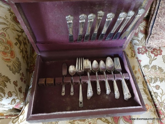 (LR) 46 PCS. OF ROGER'S SILVER-PLATE FLATWARE IN ETERNALLY YOURS PATTERN WITH BOX