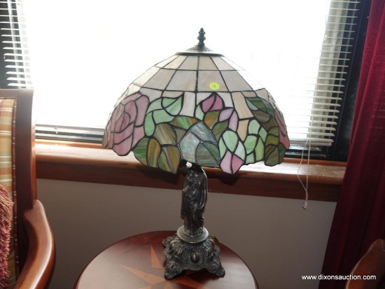 (LR) ONE OF A PAIR OF FIGURAL METAL BASE TIFFANY STYLE LAMPS (MATCHES 67 )-26"H