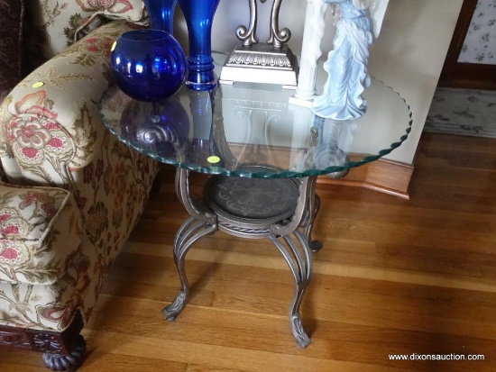 (LR) PR. OF METAL BASE, GLASS TOP END TABLES- ACANTHUS LEAF PATTERN WITH FLORAL PATTERN CENTER