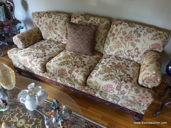 (LR) MODERN MAHOGANY C.F. LAINE SOFA- HICKORY, NC.- FLORAL CARVED SKIRT RESTING ON BUN FEET- FLORAL