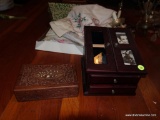 (BR) 2 JEWELRY BOXES- CARVED AND INLAID TEAKWOOD BOX AND CHERRY LIFT TOP 1 DRAWER BOX- MISSING 1