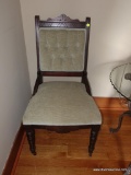 (LR) ANTIQUE VICTORIAN WALNUT SIDE CHAIR IN MINT GREEN VELVET WITH BUTTON TUFTED BACK- ORIGINAL
