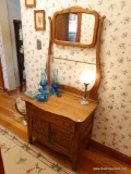 (HALL) ANTIQUE OAK WASHSTAND WITH TOWEL BAR AND MIRROR- REFINISHED READY FOR THE HOME- 1 DRAWER