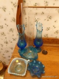 (HALL) 5 PCS OF VINTAGE BLUE GLASS WITH 2 GLASS VASES- PR. BLUE VASES-12