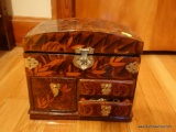 (DEN) ORIENTAL STYLE JEWELRY BOX INCLUDING COSTUME JEWELRY- NECKLACES, EARRINGS, PINS- BOX IS 9