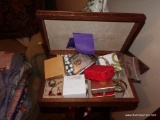 (DEN) MAHOGANY JEWELRY BOX AND CONTENTS- NECKLACES, CUFF LINKS NEW IN BOX KEY CHAINS, CIGARETTE