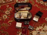 (DEN) CHERRY JEWELRY BOX WITH CONTENTS OF COSTUME JEWELRY- NECKLACES, EARRINGS, PINS, BRAND NEW KEY